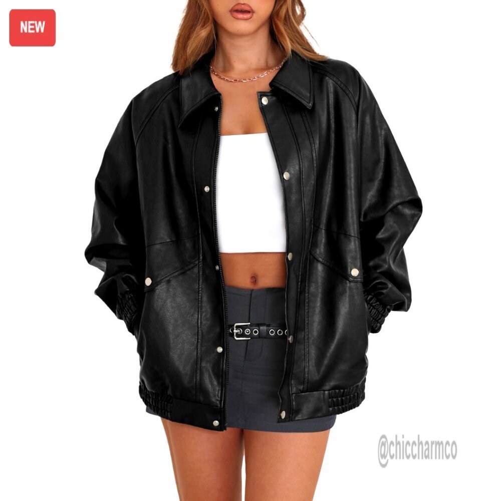 Oversized Faux Leather Motorcycle Jacket Zip Up Winter Coat